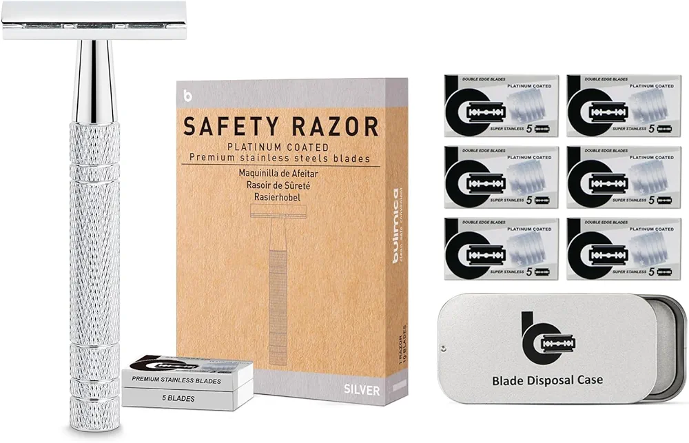 Silver Safety Razor Kit, Includes 1 Safety Razor with 10 Blades and 1 Razor Blade Bank with 30 Blades