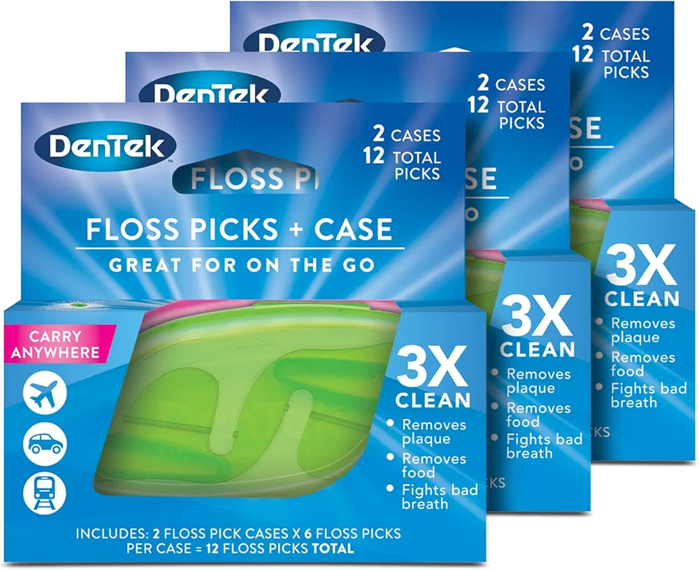 DenTek Floss Picks & Travel Case for On-the-Go, 2 Travel Cases & 12 Floss Picks, 3 Pack