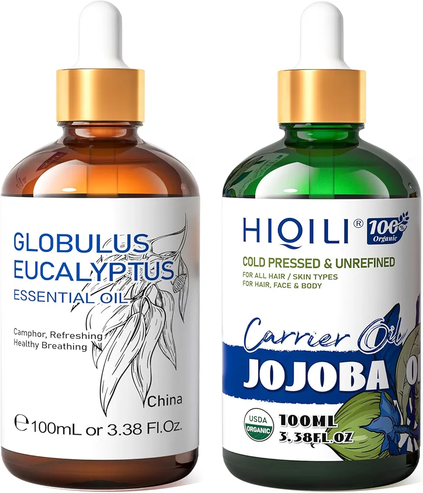 HIQILI Eucalyptus Essential Oil and Jojoba Oil, 100% Pure Natural for Diffuser - 3.38 Fl Oz