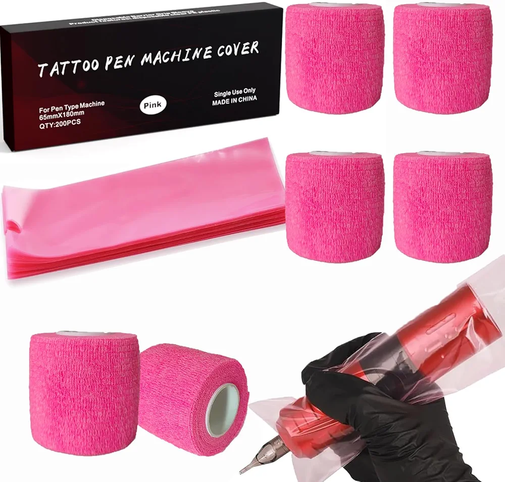 Large Tattoo Machine Covers with Grip Wraps, Urknall 200pcs Pink Tattoo Pen Covers and 4pcs Tattoo Grip Tattoo Pen Covers Grip Covers Tattoo Pen Sleeves Combination Pink Tattoo Supplies