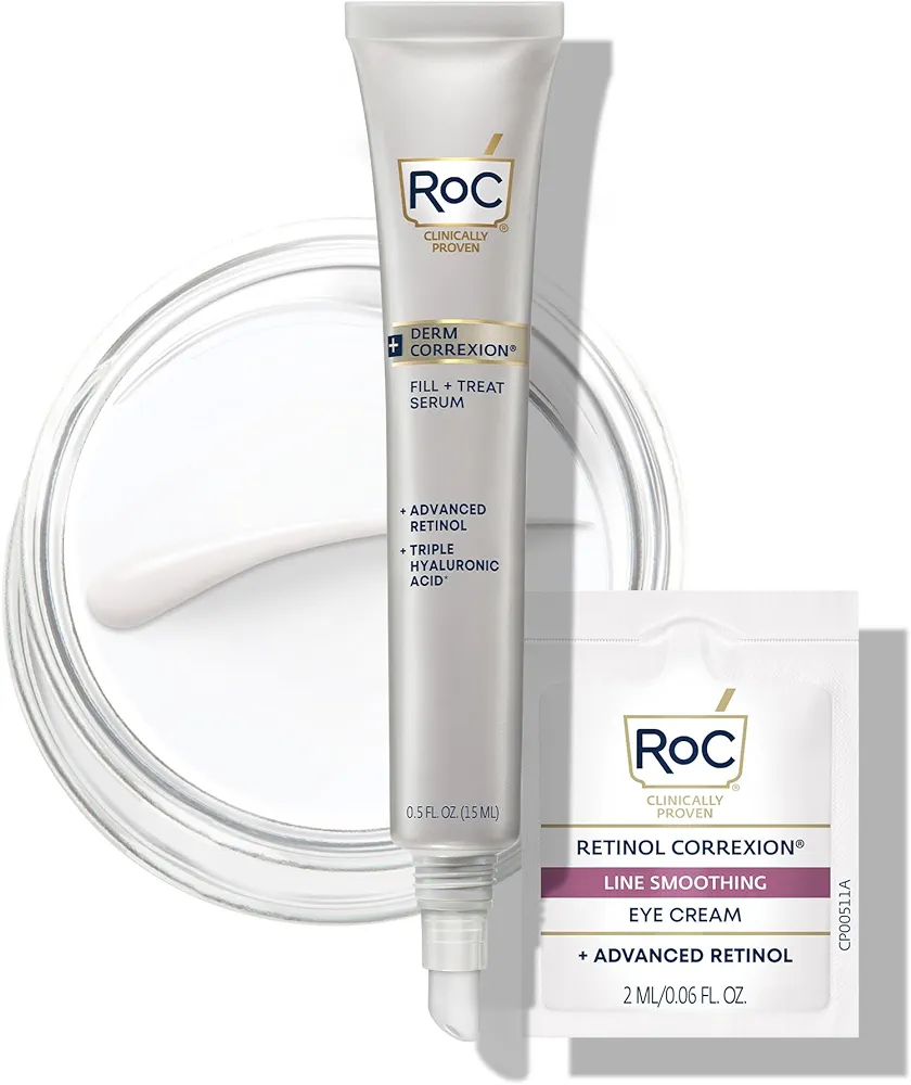 RoC Derm Correxion Fill + Treat Advanced Retinol Serum, Wrinkle Filler Treatment with Hyaluronic Acid for Crow's Feet, 11 Wrinkles, & Laugh Lines, (.5 fl oz) with Retinol Packette (Packaging May Vary)