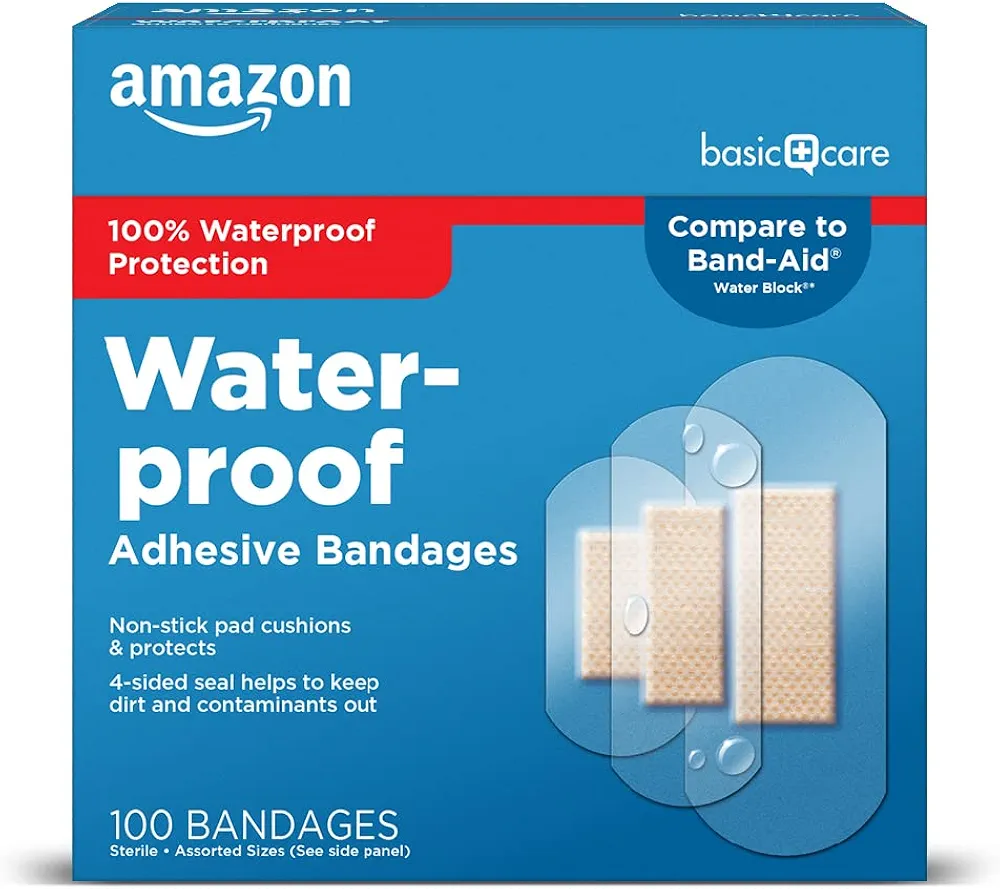 Amazon Basic Care Waterproof Clear Adhesive Bandages, First Aid and Wound Care Supplies, Assorted Sizes, 100 Count