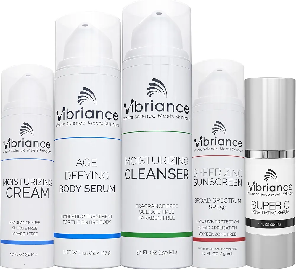 Vibriance Premium Skincare Bundle | Super C All-in-One Serum, Moisturizing Cleanser, Moisturizing Cream, Sheer Zinc Sunscreen, Age Defying Serum | Heal, Hydrate, Protect & Rejuvenate