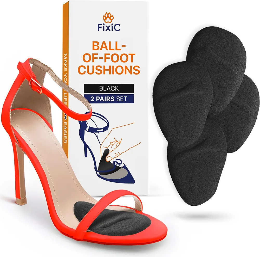 Fixic Ball of Foot Cushions for Women - 2 Pairs - Heel Pads for Shoes - Black Metatarsal Pads Women - High Heel Comfort Pads for Any Shoe Sizes - Heel Inserts for Women for Pain Relief and Comfort!