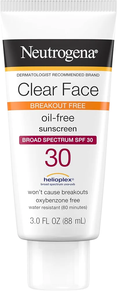 Neutrogena Clear Face Liquid Sunscreen for Acne-Prone Skin, Broad Spectrum SPF 30 Sunscreen Lotion with Helioplex, Oxybenzone-Free, Oil-Free, Fragrance-Free; Non-Comedogenic, 3 fl. oz