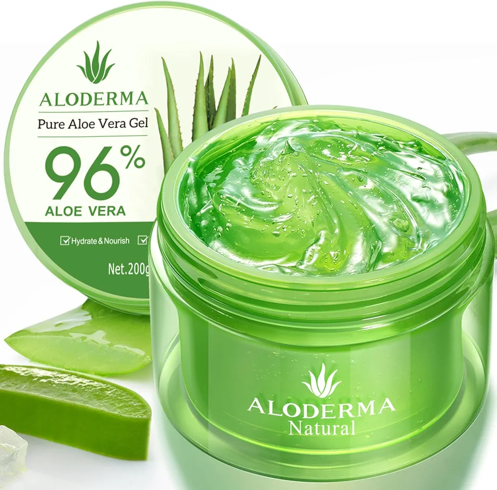 Aloderma Organic Aloe Vera Gel for Face & Body, 96% Pure Aloe Gel Made within 12 Hours of Harvest, Ideal for Skin, Scalp, & Hair Hydration, Calming Moisturizer for Soothing After Sun Care Relief, 7oz