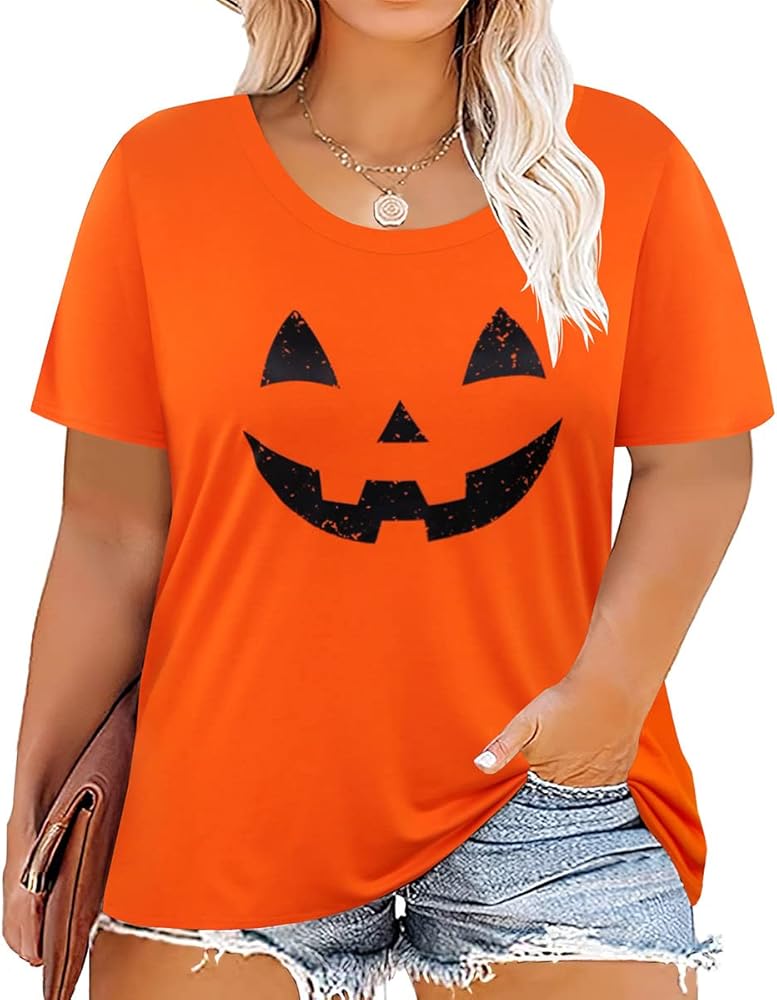 RITERA Tops for Women Plus Size Halloween Pumpkin Print Round Neck Caramel Tshirt for Ladies Oversized Short Sleeve Clothes Holiday Blouse Winter Fall Sweatshirts 3X 3XL 22W 24W