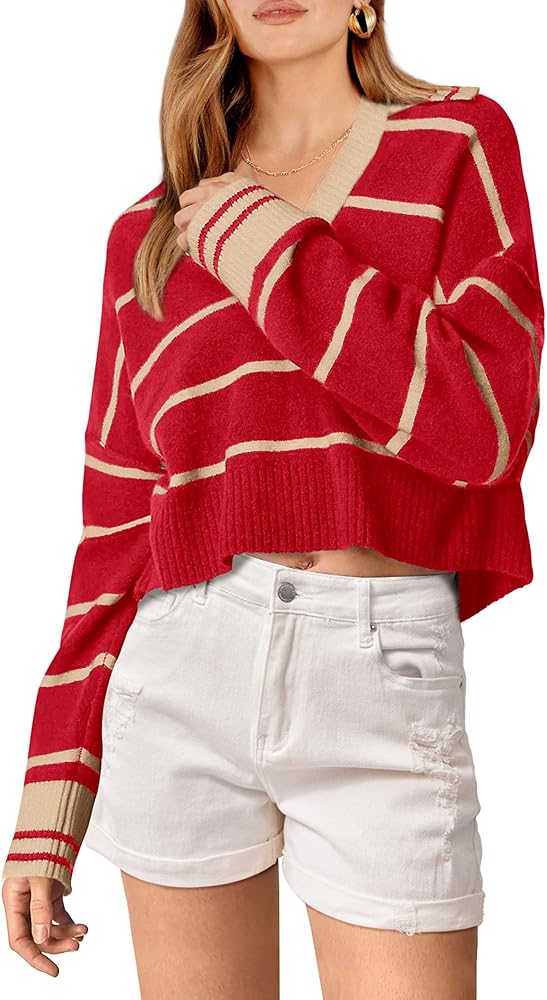 PRETTYGARDEN Women's Pullover Striped Sweaters Casual Lapel V Neck Long Sleeve Ribbed Knit Loose Jumper Top