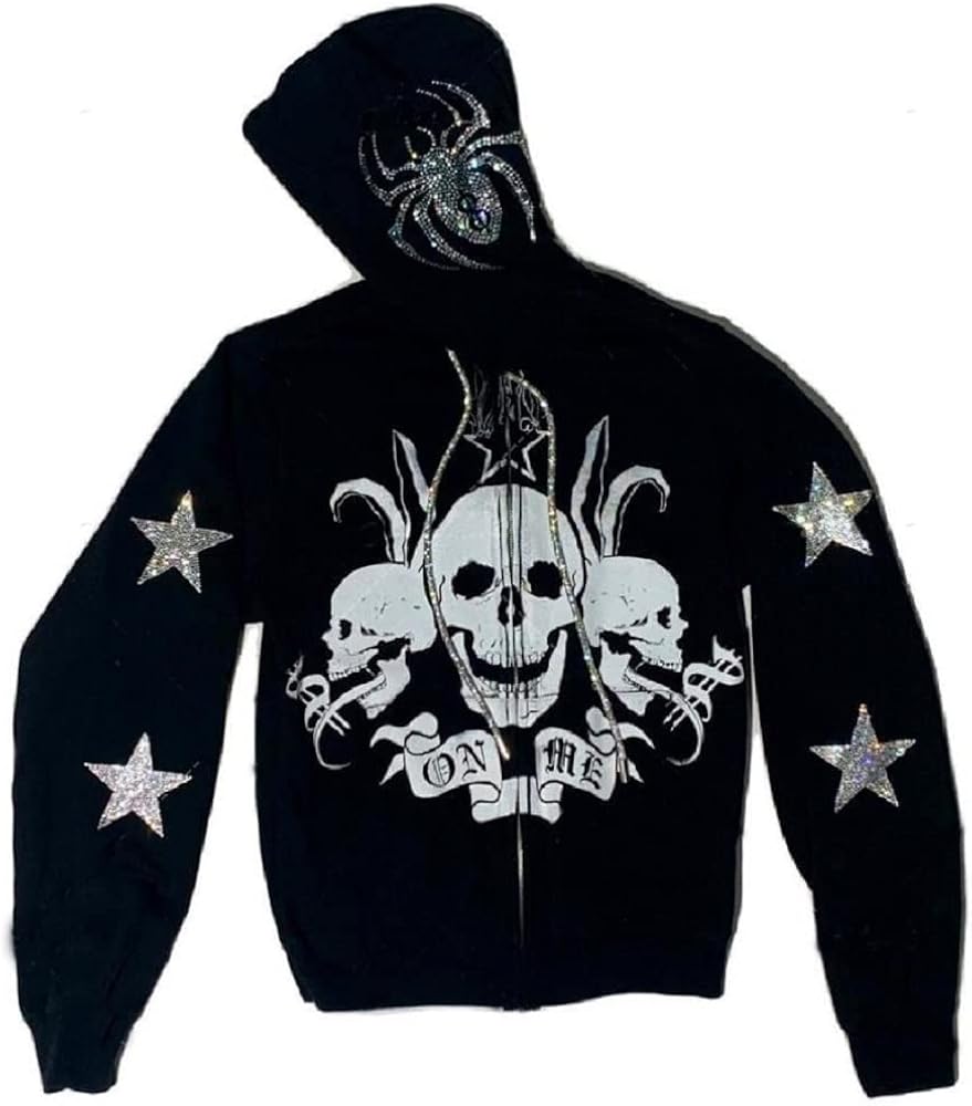 YEOU Women Rhinestone Y2K Spider Skeleton Hoodies Punk Jackets Streetwear Goth Harajuku Oversized Zip Up Hoodie