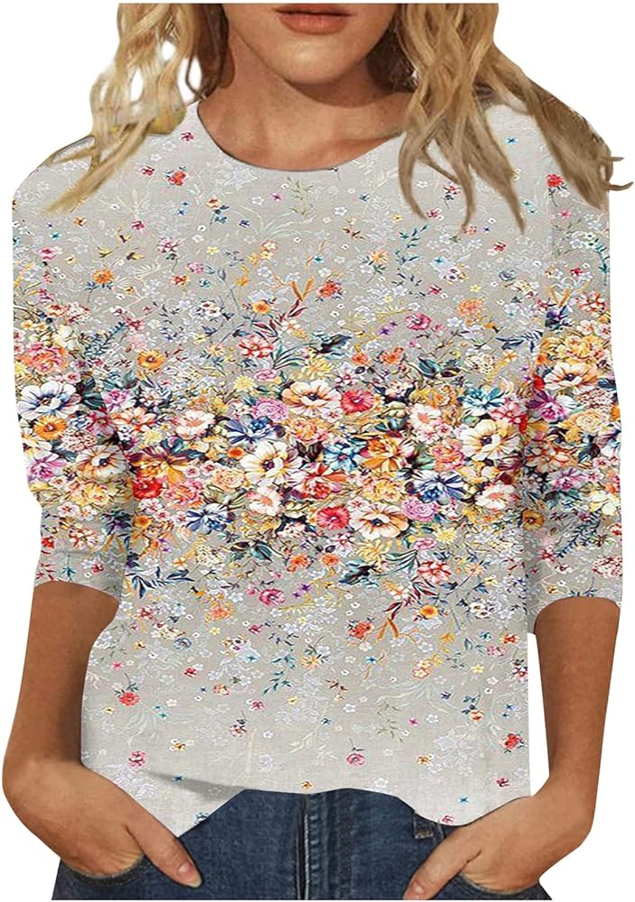 3/4 Length Sleeve Womens Tops Trendy Boho Floral Print Tunic Tops Dressy Casual Round Neck Loose Blouse