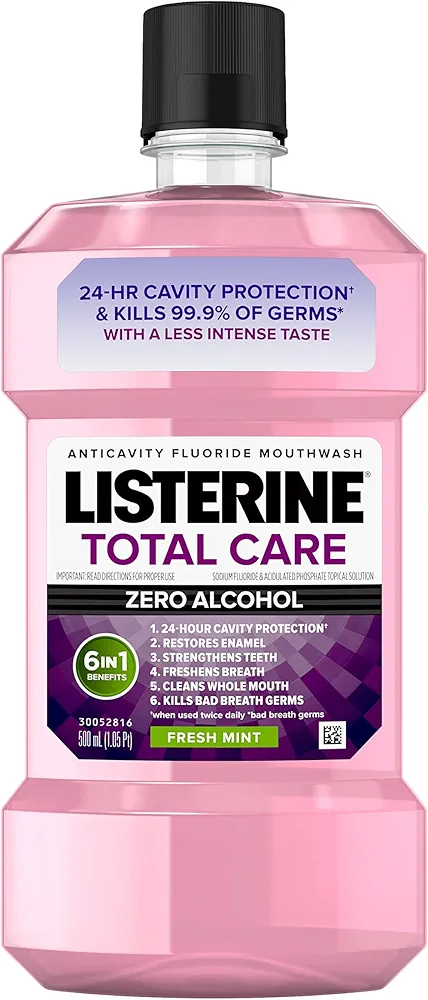 Listerine Total Care Alcohol-Free Anticavity Fluoride Mouthwash, 6 Benefit Oral Rinse to Help Kill 99% of Germs That Cause Bad Breath, Strengthen Enamel, Fresh Mint Flavor, 500 mL