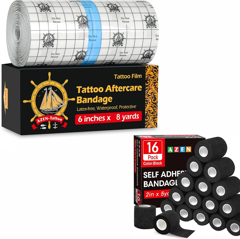 AZEN 6"x 8 Yard Tattoo Aftercare Bandage and 16 Pack 2" X 5 Yards Self Adhesive Bandage Wrap Black, Tattoo Waterproof Bandage, Tattoo Grip Tape Wrap, Tattoo Supplies