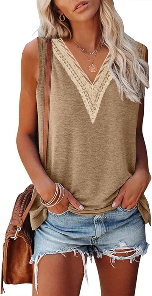 TECREW Women's Sleeveless Lace Trim V Neck Tank Tops Summer Loose Tee Shirts Blouse