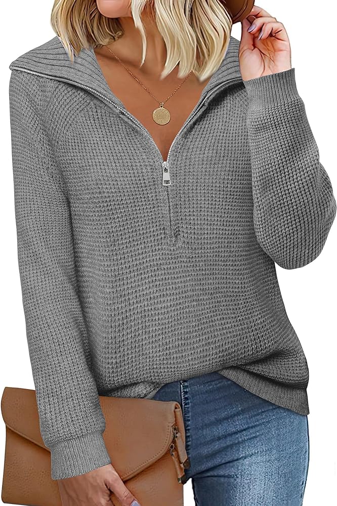 Vivilli Womens Half Zip Pullover Sweaters Long Sleeve Casual V Neck Collar Tops