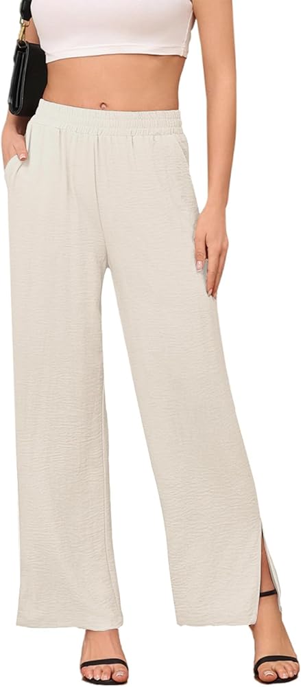 DILIUXING Women's Wide Leg Lounge Pants with Pockets Side Slits Lightweight High Waisted Loose Trouser