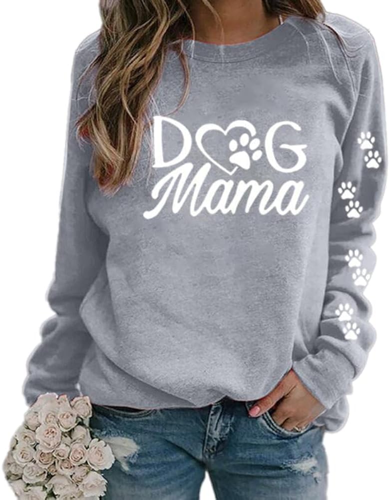 Caiyao Dog Mom Sweatshirt Women Long Sleeve Dog Lover Mama Crewneck Tops Funny Paw Graphic Pullover