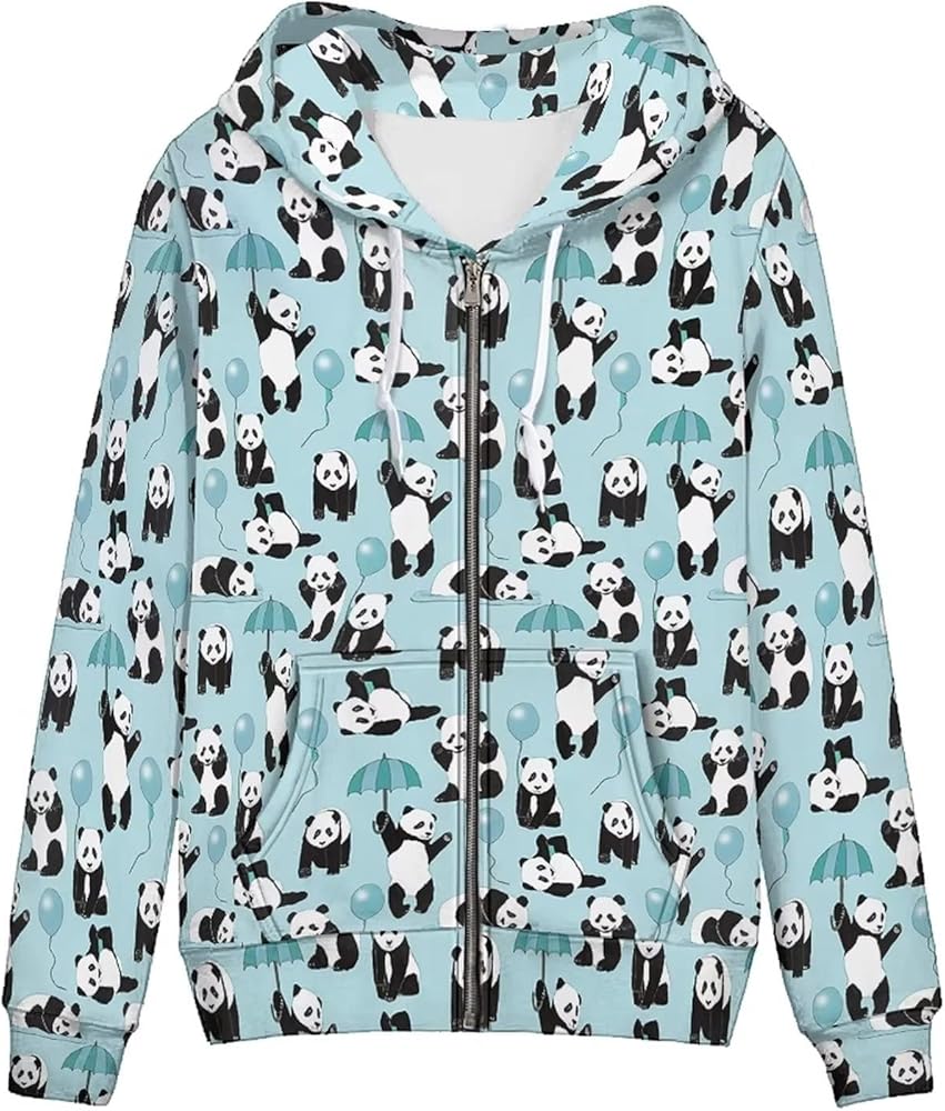 Showudesigns Cute Panda Zip Up Hoodie for Teen Girls Plus Size 2XL Women's Yoga Clothing Sweatshirt Pullover Sweater Tops Y2K Jackets Fall Outfits Bodysuit Aqua Blue