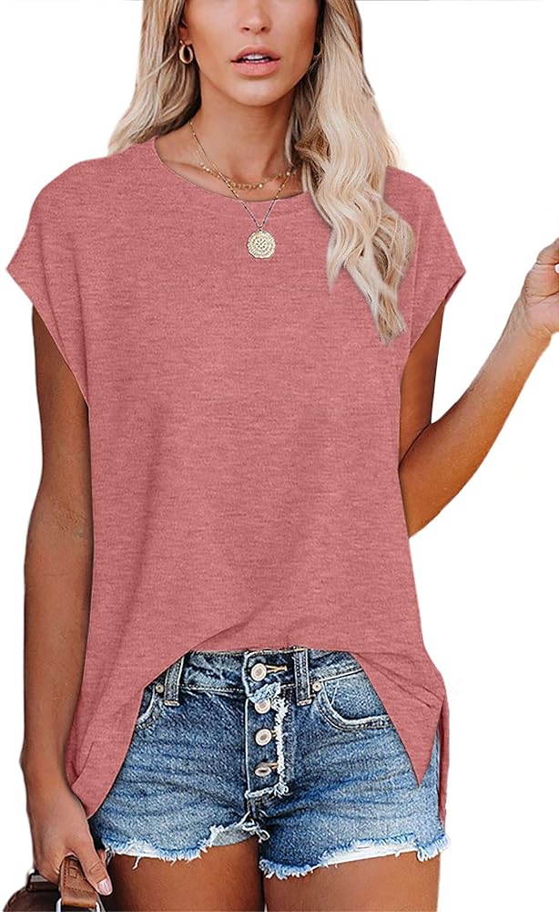 SAMPEEL Womens Summer Shirts Crew Neck Basic Cap Sleeve T Shirts Side Slit Tops