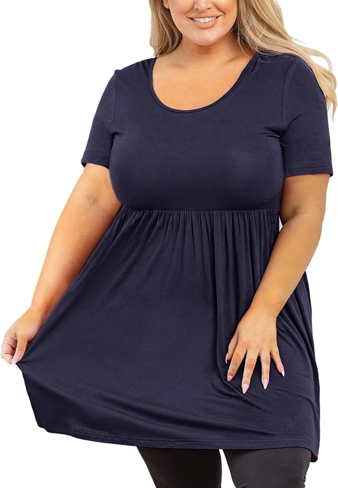 AusLook Women's Plus Size Tunic Short Sleeve Clothes Scoop Neck Summer Tops Pleated Flowy Loose Fit Babydoll T Shirt L-5X