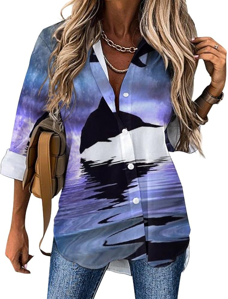 Moon Dolphin Classic Shirts for Women Long Sleeve Blouse Casual V Neck Tee Tops Work Office