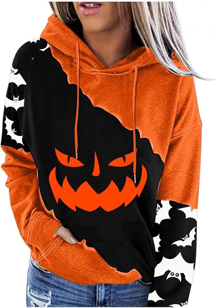 Halloween Hoodies for Women 2024 Fall Loose Fit Round Neck Casual Printed Sweatshirts with Pocket Pull Over Outfit