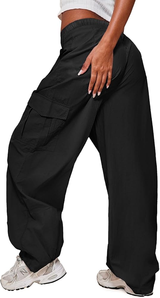 ONIRIKE Womens Cargo Parachute Pants Baggy Y2k Oversized Drawstring Elastic Waist Pants with Pockets