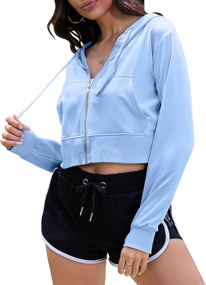 COZYPOIN Women's Zip Up Hoodies Cropped Casual Pocketed Cardigan Jacket Drawstring Hooded Sweatshirts(LightBlue-M)