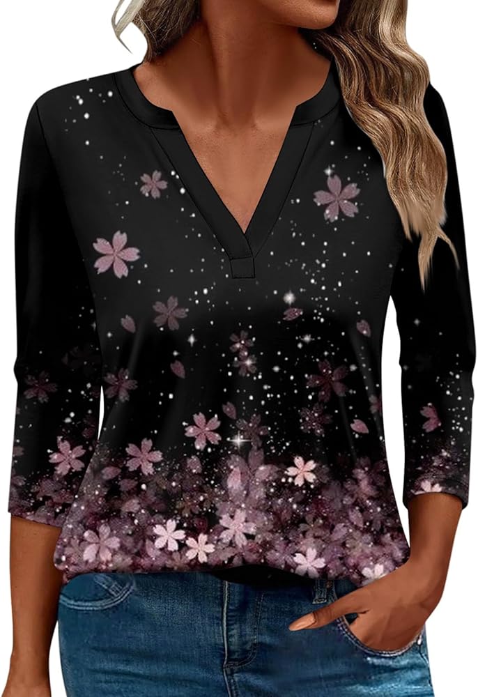 Womens Tshirts Long Sleeve V Neck Floral Tees Trendy Clothes Casual Blouses Print Tunics