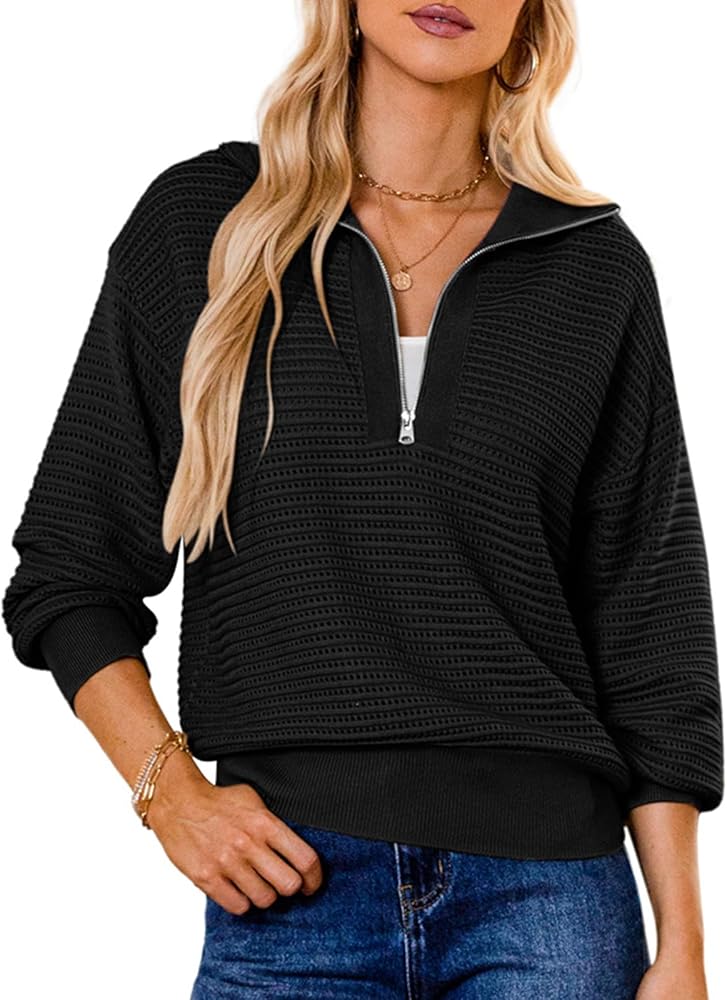 GRACE KARIN Women's 2024 Half Zip Pullover Sweater Collar Long Sleeve Crochet Knit Fall Pullover Loose Casual Jumper Tops