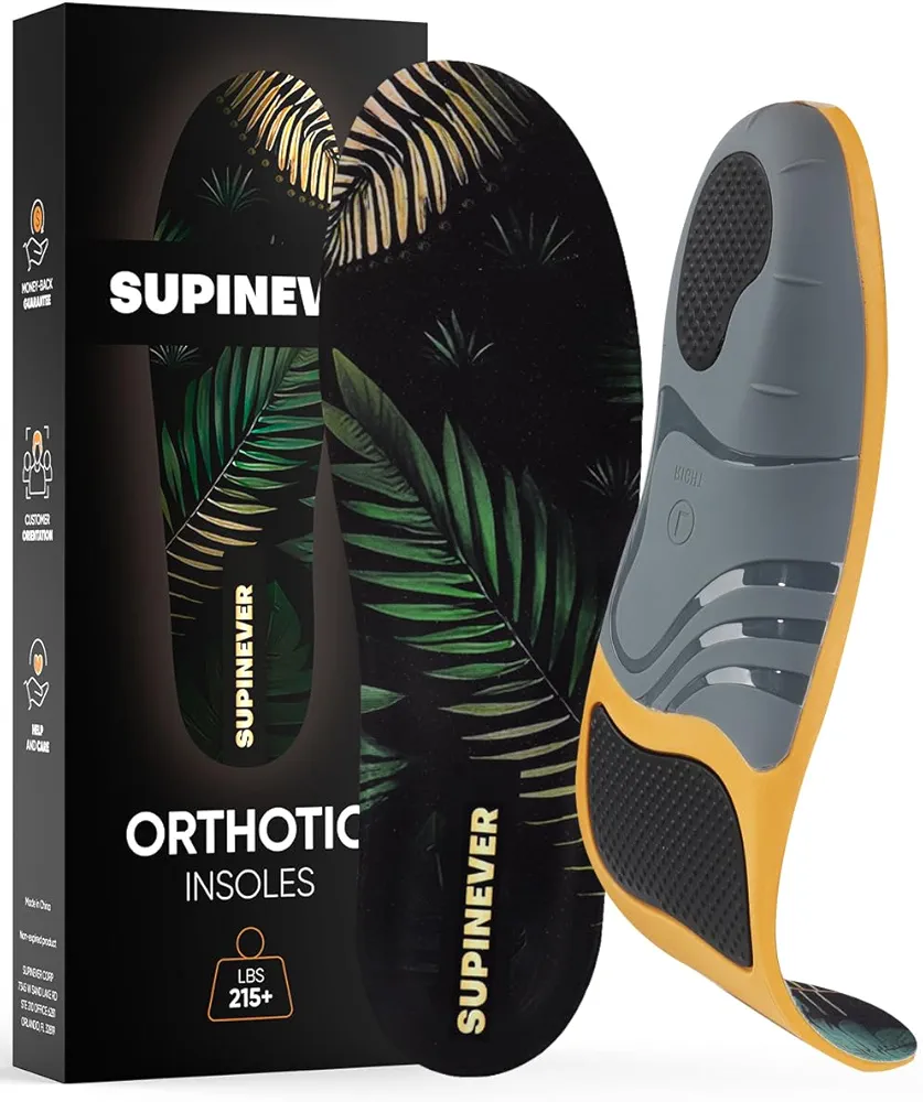 New 215+ lbs Orthotic Insoles - Plantar Fasciitis - Flat Feet Relief - High Arch Support - Heavy Duty Inserts - for Men and Women - Work Boots and Shoes (M, Gold)