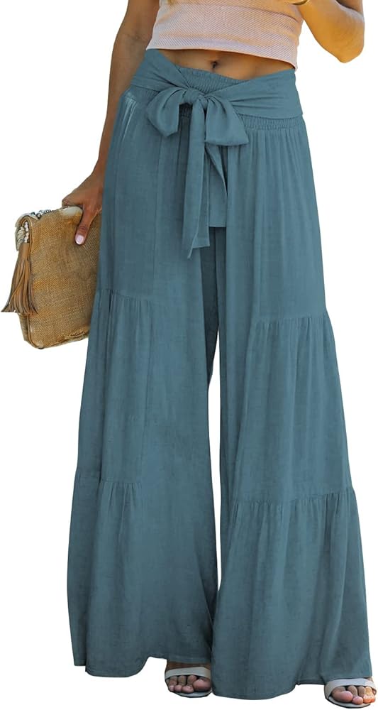 Lafural Women Summer High Waisted Cotton Linen Flare Palazzo Pants Beach Pant Long Bell Bottom Lounge Trousers