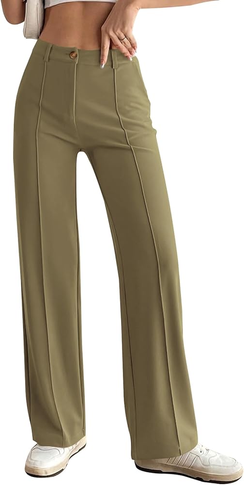 PRETTYGARDEN Straight Leg Trousers for Women Business Casual Work Pants 2024 Knit Stretchy Button Cute Slacks (Army Green,XL)