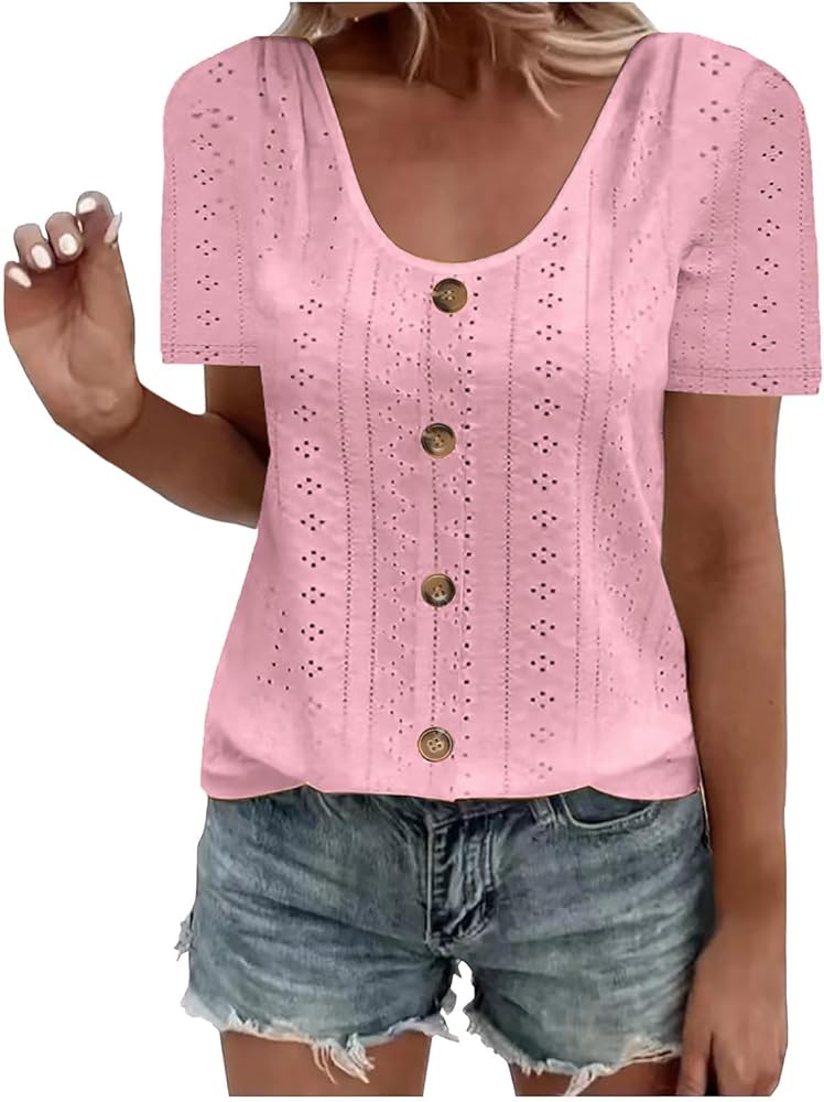 Eyelet Tops for Women Summer Dressy Casual Short Sleeve Cute t Shirts Crewneck Button Blouses 2024 Fashion Clothes