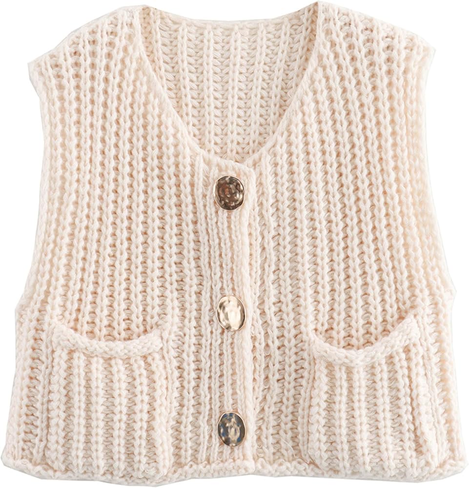 Bozanly Womens Chunky Knit Sweater Vest Cute Button Down Sleeveless Crop Crochet Cardigan Vest 2024