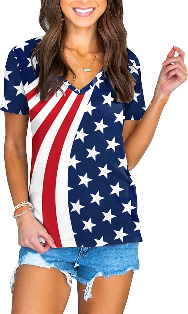 Deerose July 4th Womens Patriotic Shirt V-Neck Memorial Day American Flag Tops