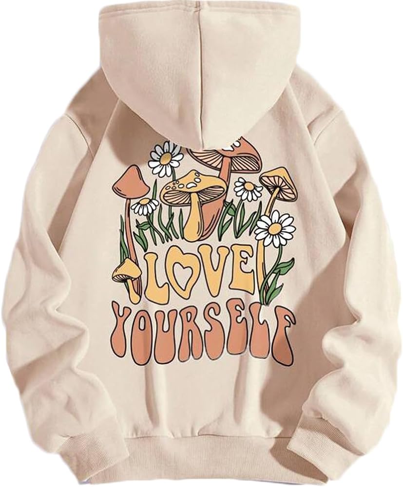 Sdencin Women Mushroom Letter Print Oversized Fleece Hoodie Long Sleeve Graphic Loose Hooded Sweatshirt Pullover Tops