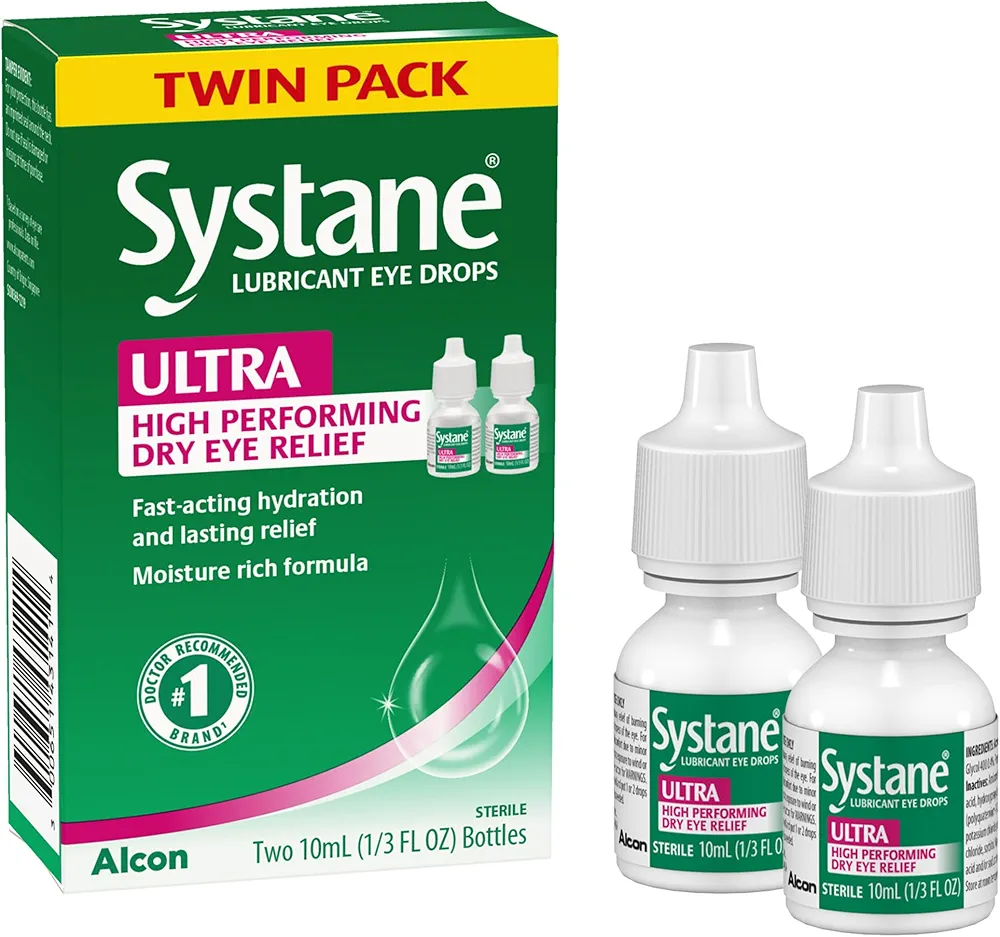 Systane Ultra Lubricant Eye Drops, Artificial Tears for Dry Eye, Twin Pack, 10-mL Each