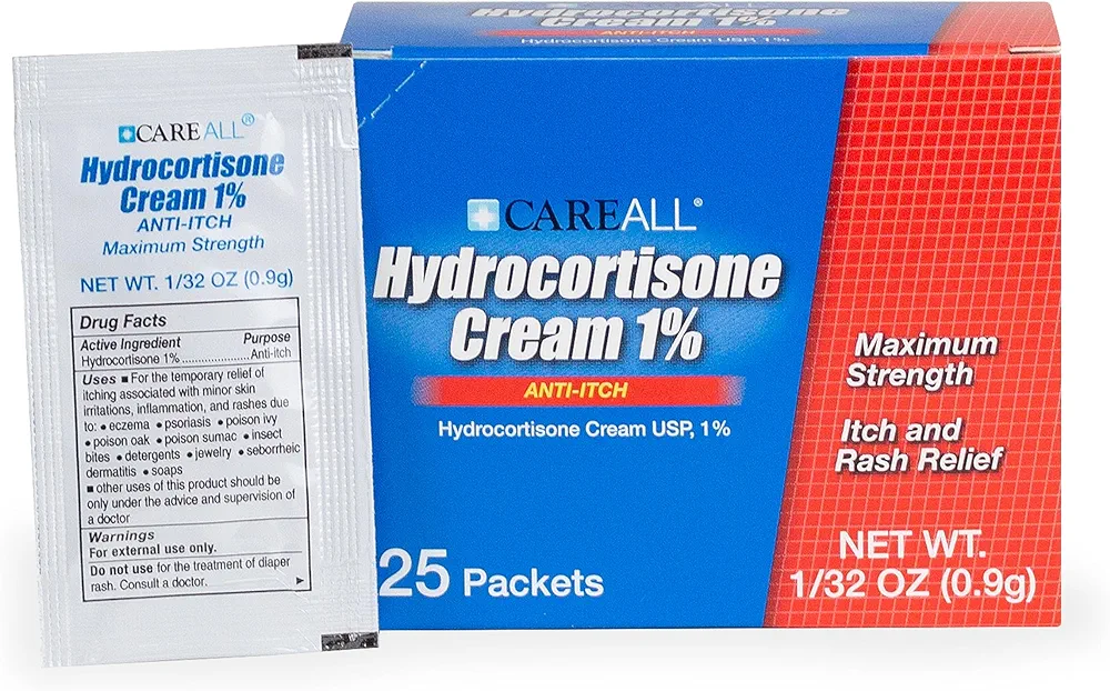 CareAll Hydrocortisone Cream 1% (25 Pack), 0.9gr Foil Packet, Maximum Strength Formulation, Anti-Itch Rash Skin Cream Relieves Itching, Redness, Eczema, Insect Bites, Poison Ivy, and Psoriasis