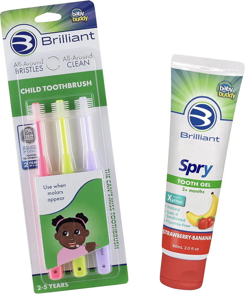 Brilliant by Baby Buddy Child Toothbrush and Spry Xylitol Tooth Gel Bundle, Pink-Lime-Lilac