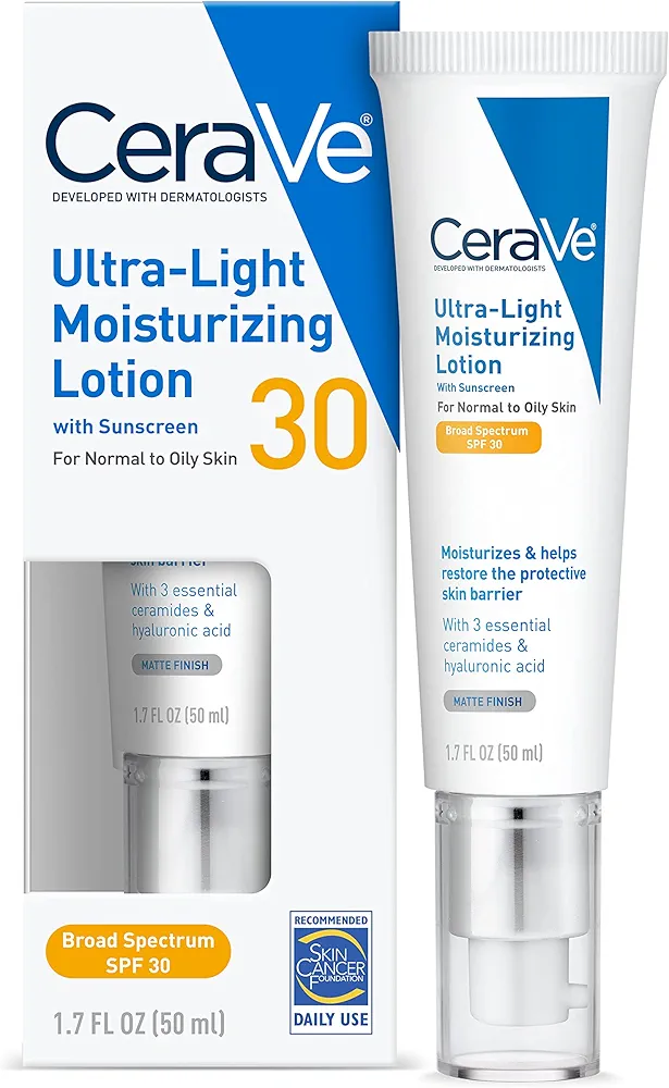 CeraVe Ultra-Light Moisturizing Lotion With SPF 30| Daily Face Moisturizer with SPF | Formulated with Hyaluronic Acid & Ceramides | Broad Spectrum SPF | Oil Free | Matte Finish | 1.7 Ounce