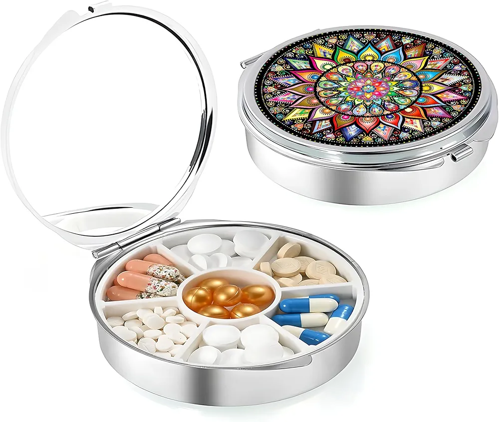 Weekly (7-Day) Pill Case, Medicine Planner, Vitamin Organizer Box, Portable Daily Pill Box with Compartments,Pocket Purse Metal Medicine Organizer Unique Gift,Geometric Colorful Mandala