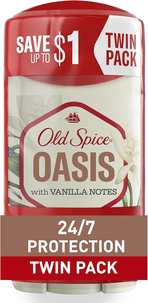 Old Spice Antiperspirant and Deodorant for Men, 24/7 Sweat and Odor Protection, Invisible Solid, Oasis with Vanilla Scent, 2.6 oz (Pack of 2)