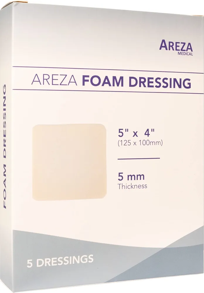 Foam Dressing Polyurethane 5"x4" 12.5 Cm X 10 Cm Box of 5 Sterile (1); Thickness of foam 0.2" (5 mm) Wound Dressing by Areza Medical