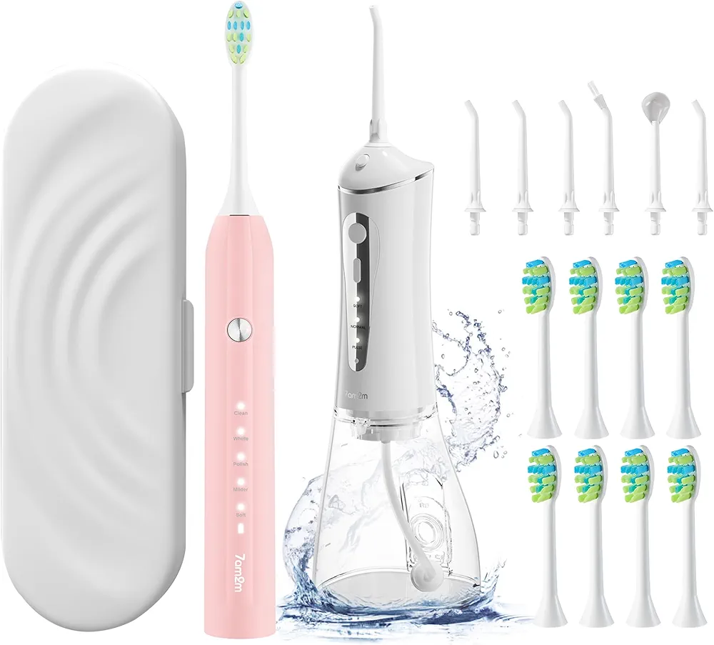 7AM2M Water Dental Flosser Cordless for Teeth, 300ML Rechargeable Cleaner - 5 Modes Sonic Electric Toothbrush with 8 Brush Heads and Travel case(Pink&White)