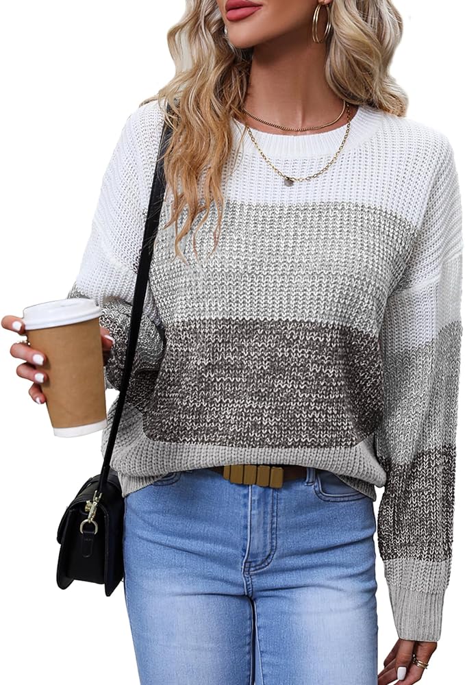 Women's Striped Color Block Sweater Long Sleeve Crewneck Casual Loose Fit Soft Knit Sweater Pullover Tops