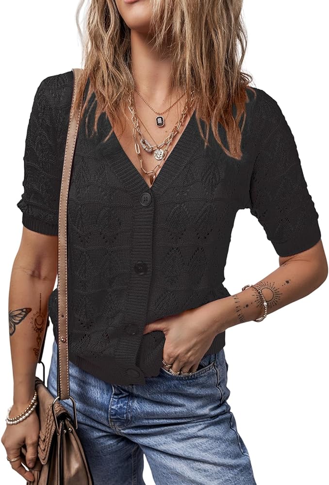 Dokotoo Womens Summer Tops Short Sleeve Crochet Cardigan V Neck Button Down Shirts Knit Shrug Open Front