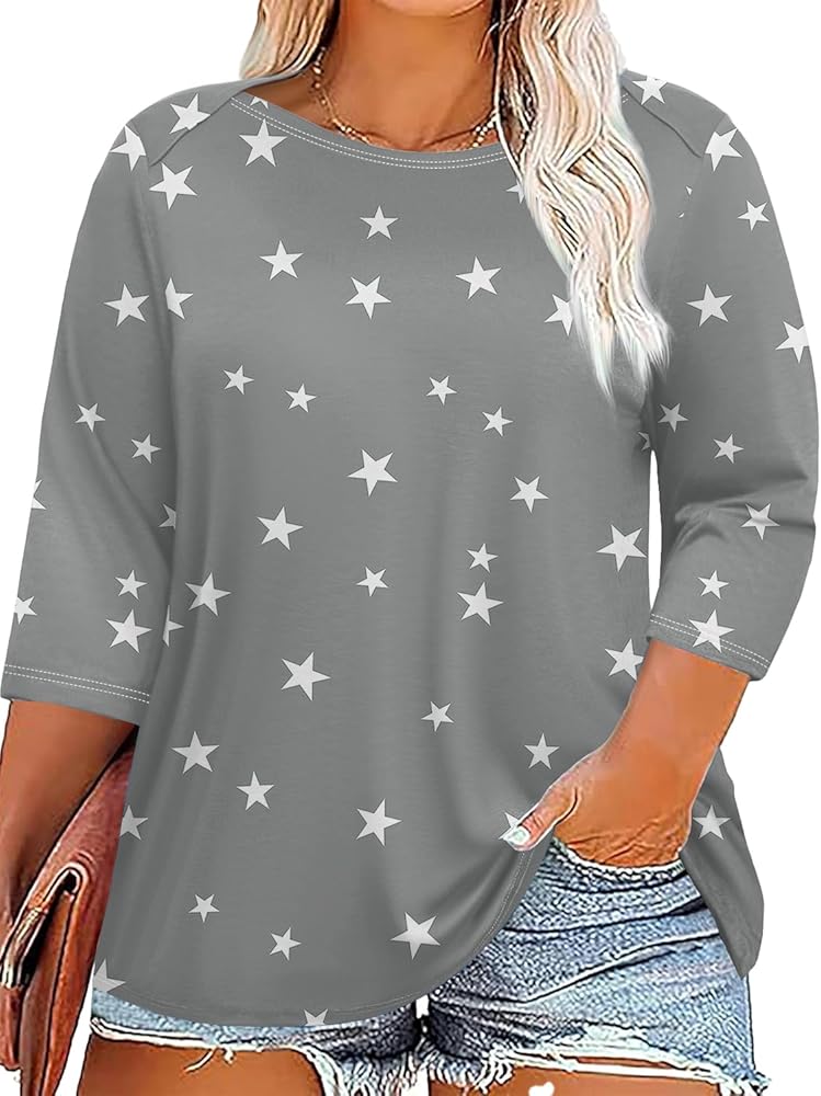 Rapbin Womens Plus Size 3/4 Length Sleeve Tops Boat Neck Loose Fit Tee Tunic Blouse XL-5XL