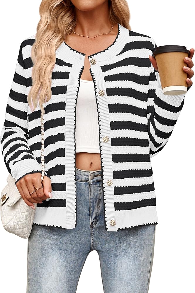 MEROKEETY Women's 2024 Striped Cardigan Sweater Open Front Long Sleeve Button Tweed Knit Fall Outwear