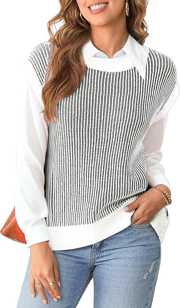 EVALESS Womens Cap Sleeve Striped Sweater Vest Casual Crewneck Loose Fit Knit Pullover Tops Fall Clothes 2024