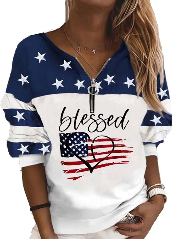 Women's USA Flag blessed Sweatshirt,Casual Striped Print Pullover Zip American Patriotic Pullover Sweater